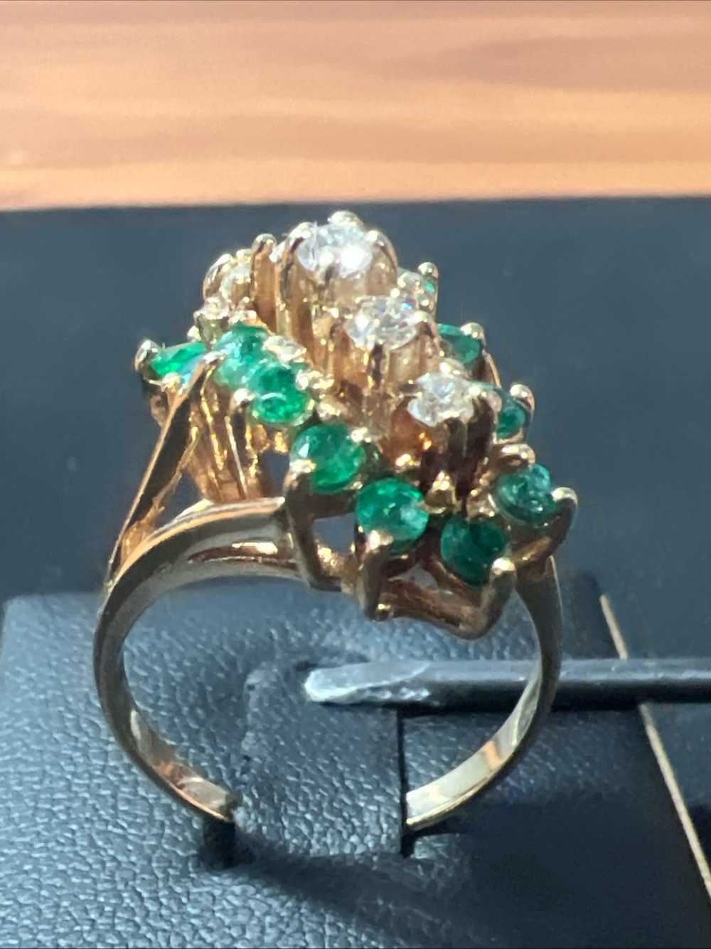14K Yellow Gold Emerald Diamond Size 7.75 Cocktail Ring 6.4 Grams